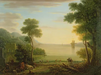 Paisagem clássica com figuras e animais, Sunset, 1754